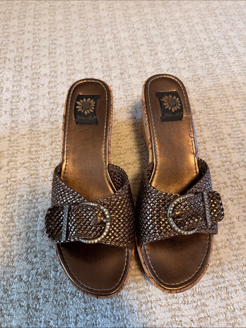 Yellow Box Bronze Woven Buckle Wedge Slides